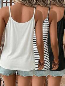 SHEIN LUNE 3 piezas Camiseta de tirantes de punto con rayas de contraste en unicolor negro & blanco con ribete de encaje, adecuada para primavera/verano, capa base versátil - Multicolor - Ver 2