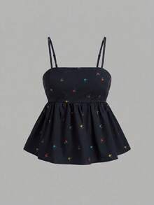 SHEIN MOD 復古清新碎花女款細肩帶背心 - 黑色 - 查看 4
