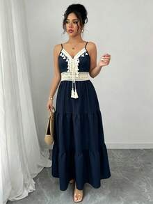 SHEIN Raffinéa 女款春季時尚休閒藍白碎花細肩帶洋裝 - 藏蓝色 - 查看 6