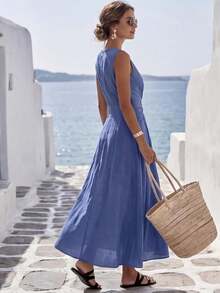 SHEIN Holidaya Klein Blue With An Eye-Catching Aura, Round Neck Sleeveless Design For A Fresh And Clean Look, Twisted Detail On The Chest To Break The Monotony And Cleverly Outline The Waistline. The Flowing A-Line Full Skirt Is Graceful And Versatile, Easily Creating An Elegant And Sophisticated Summer Look. - Blue - View 2