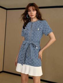 MOTF PREMIUM Vestido de mezclilla con cremallera delantera y patchwork para mujer - Lavado ligero - Ver 4