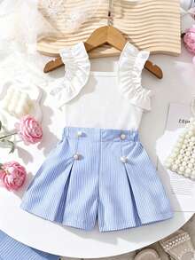 Elladie kids Tween Girls 2pcs/Set Summer New Ribbed T-Shirt , White Ribbed Knit Fabric Square Neck With Playful Ruffle Flutter Sleeves Sleeveless... - Blue and White - View 5