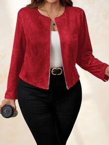 SHEIN Clasi Red Suede Plus Size Women's Jacket , Elegant Daily Commute Business Fall - Burgundy - View 1
