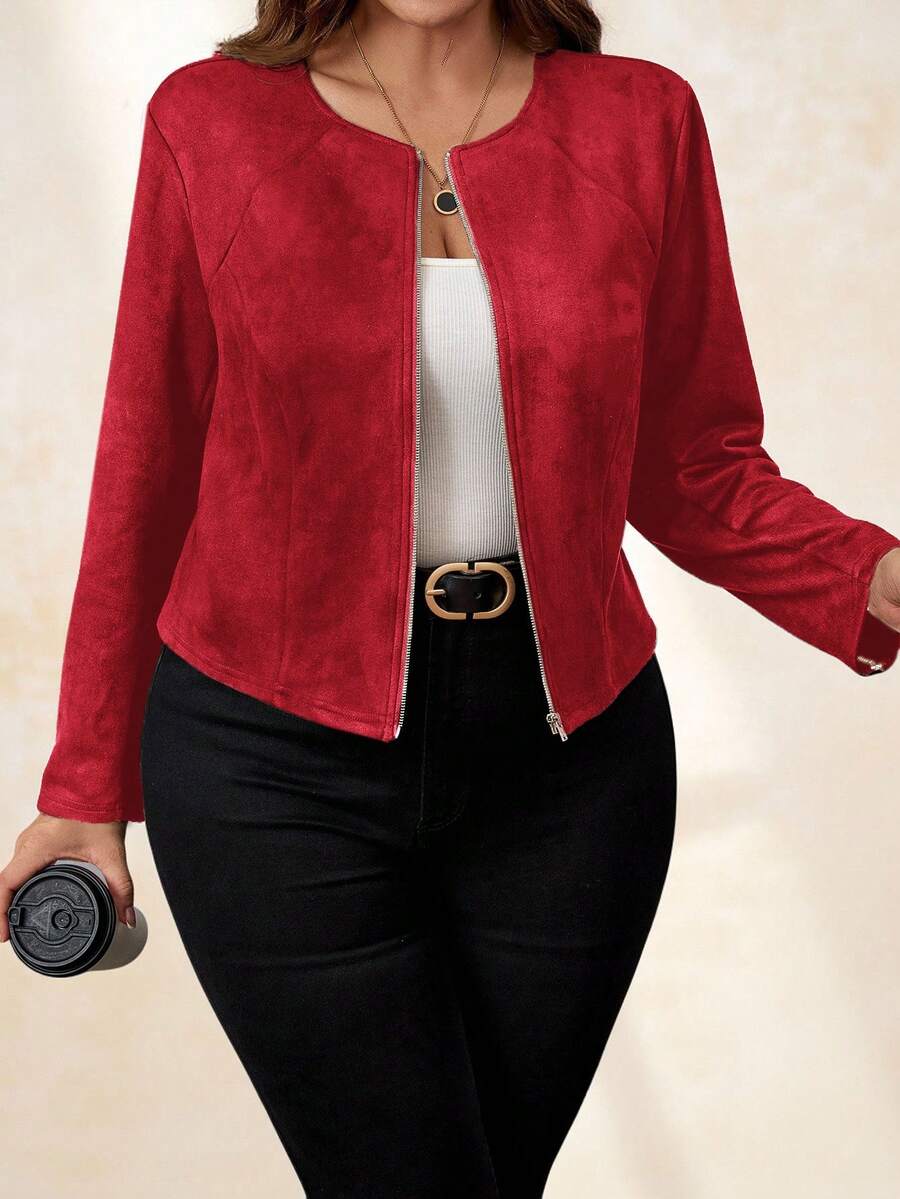 SHEIN Clasi Red Suede Plus Size Women's Jacket , Elegant Daily Commute Business Fall - Burgundy - View 1