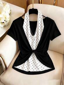GlowEve CURVE Plus Size Elegant Halter Neck 2 In 1 Short Sleeve T-Shirt - Black and White - View 1