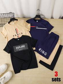 SHEIN 6件組買3送3兒童青少年男孩休閒寬鬆字母圖案圓領T恤短褲套裝，黑色T恤套裝、藍色T恤套裝、卡其色T恤套裝，男孩套裝，適合春/夏、情人節、約會、夏季穿搭、家庭聚會、開學季、婚禮季、運動、生日派對 - 彩色 - 查看 5