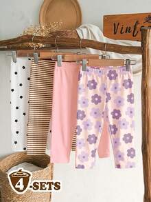 SHEIN Random 4 PACK Send 3PACK Versatile Color Series, Sweet Cute Floral & Striped Series, Baby Girl Cute Comfortable Casual Leggings Elastic Leggings Suitable For Spring/Summer Daily Wear, School, Outings, Street, Vacation, Picnic, Farm - Multicolor - View 3