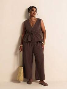 Elaquor Plus Size Women Solid Color Waist Tie Sleeveless Blouse And Wide Leg Pants Casual 2-Piece Set Summer Vacation Going Out Business Two Piece Set Brown - Coffee Brown - View 4