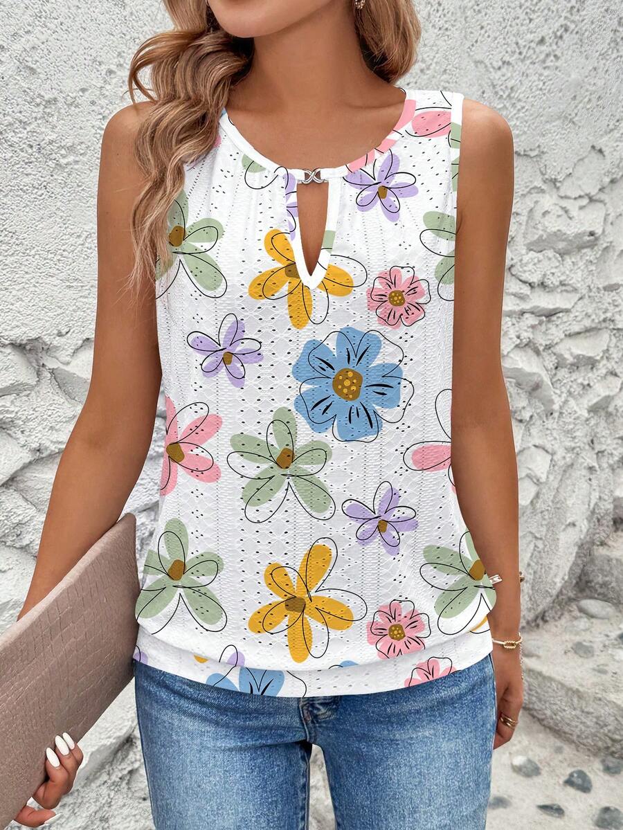Breezaya Women's Spring/Summer Holiday Casual Embroidered Jacquard Jacquard Water Drop Keyhole Neck Sleeveless Tank Top - Multicolor - View 1
