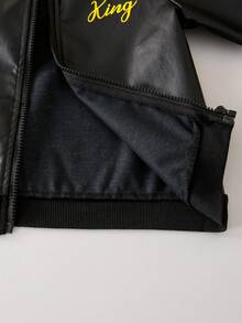 男童新款活力黑色PU皮革長袖拉鍊夾克，時尚刺繡圖案，舒適面料，修身版型，秋冬新品，適合多季節與多場合，兒童套裝，男童夏秋套裝 - 黑色 - 查看 7