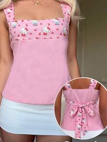 CovetEZ HELLO KITTY AND FRIENDS | SHEIN 女款性感修身細肩帶上衣，適合春夏，IP聯名Hello Ktty印花圖案，適用於度假、畢業季、夏季上衣、日常通勤、約會、派對、秋冬春夏、聖誕節、新年、畢業典禮等場合 - 彩色 - 查看 1