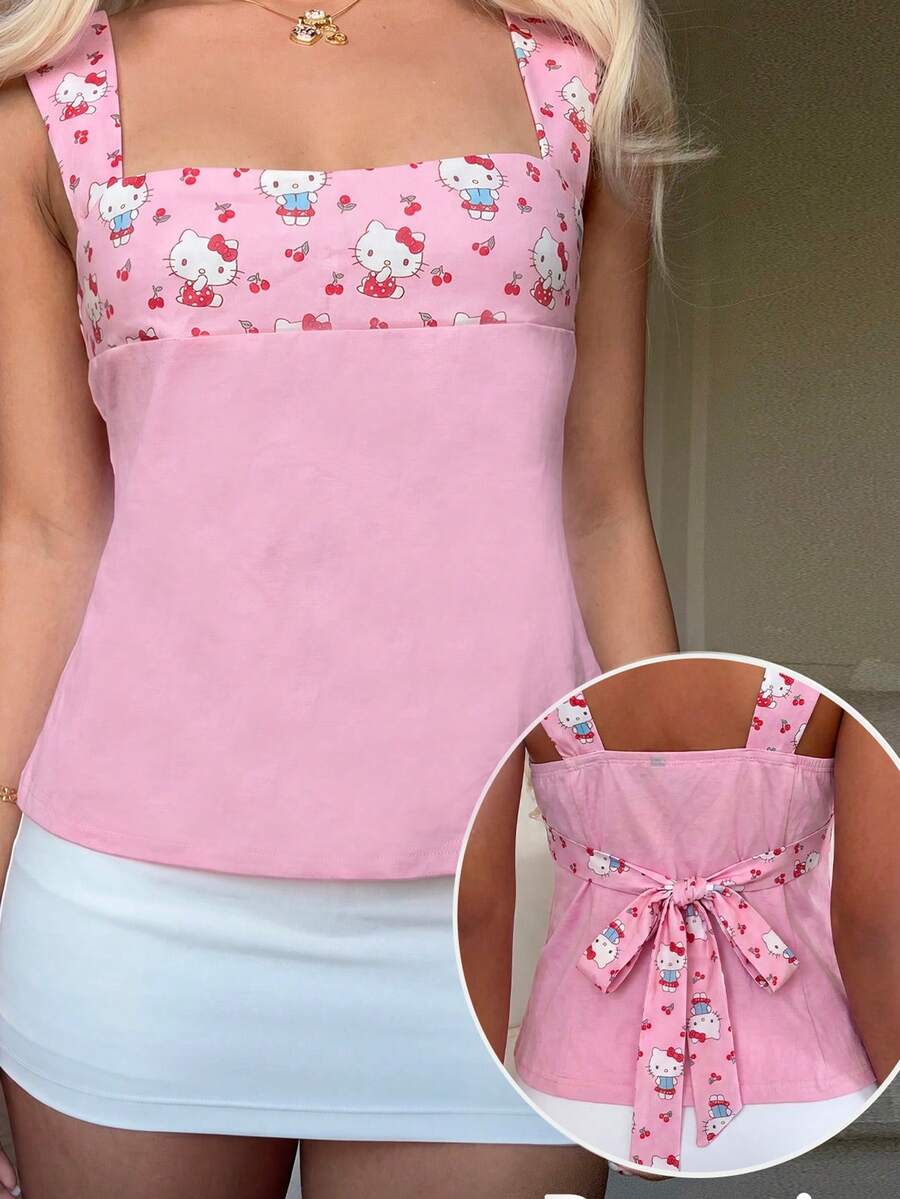 CovetEZ HELLO KITTY AND FRIENDS | SHEIN 女款性感修身細肩帶上衣,適合春夏,IP聯名Hello Ktty印花圖案,適用於度假、畢業季、夏季上衣、日常通勤、約會、派對、秋冬春夏、聖誕節、新年、畢業典禮等場合 - 彩色 - 查看 1