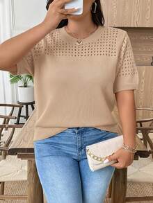EMERY ROSE Plus Size Casual Hollow Out Round Neck Short Sleeve Tops - Camel - View 5