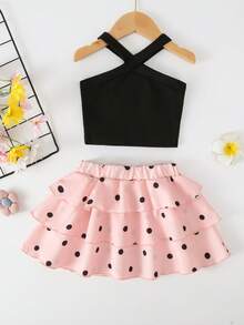 SHEIN Playful Pals 2026夏季新款女童黑白波點蛋糕裙套裝，交叉肩帶設計甜美酷感2件套，女嬰韓系優雅度假公主裙 - 粉色 - 查看 2