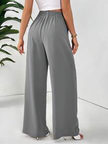 Shapeblank 大码女装春夏时尚休闲宽松舒适清爽日常基础款杏色弹力腰阔腿裤，简约风格，宽松裤，工作裤，欧洲夏季，度假装扮，女式下装 - 淺灰色 - 查看 2