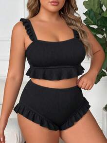 SHEIN CURVE+ 大尺碼女款兩件式比基尼套裝，優雅黑色紋理荷葉邊吊帶上衣 - 黑色 - 查看 5