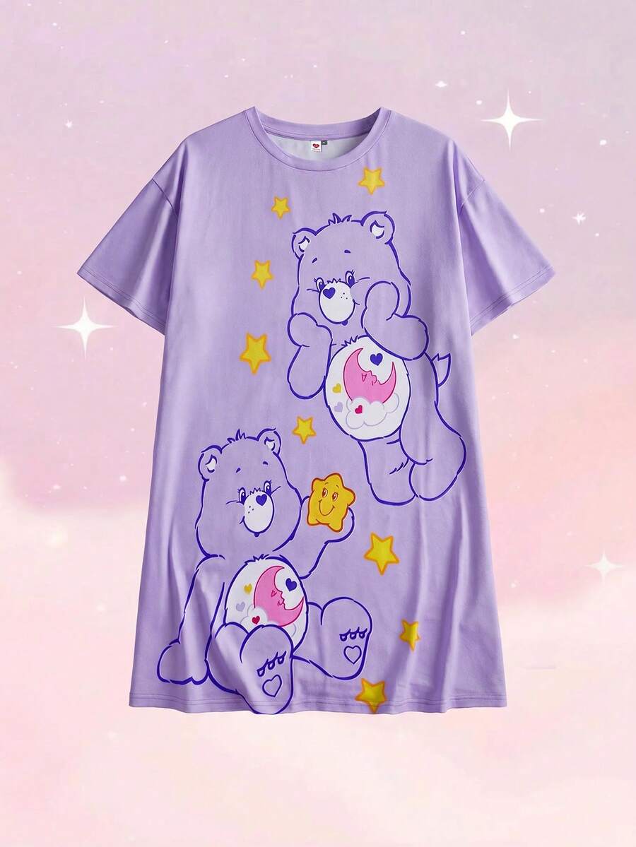 SHEIN X Care Bears 大尺碼可愛卡通熊星星印花圓領短袖睡裙 夜紫色 夏季 新娘 熱帶 哈林之夜 - 紫色 - 查看 1