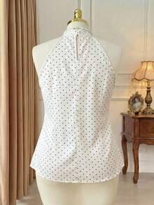 Rometta Plus Size Polka Dot Halter Neck Top With 3D Floral Ruffle Sleeveless Blouse - White - View 2