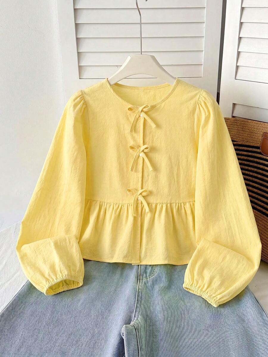 SHEIN 少女休閒簡約舒適圓領長袖蝴蝶結綁帶紋理布料襯衫 開學季 - 黃色 - 查看 1