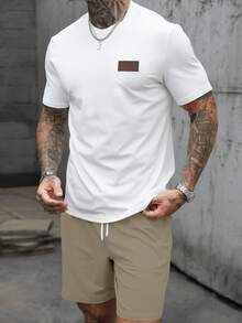 Manfinity Homme Conjunto de camiseta casual ajustada con decoración de parche de cuero para hombre - Multicolor - Ver 4