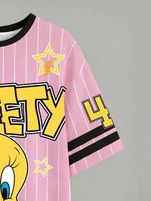 LOONEY TUNES X SHEIN 大尺碼女款字母卡通印花短袖休閒洋裝 - 白色 - 查看 4