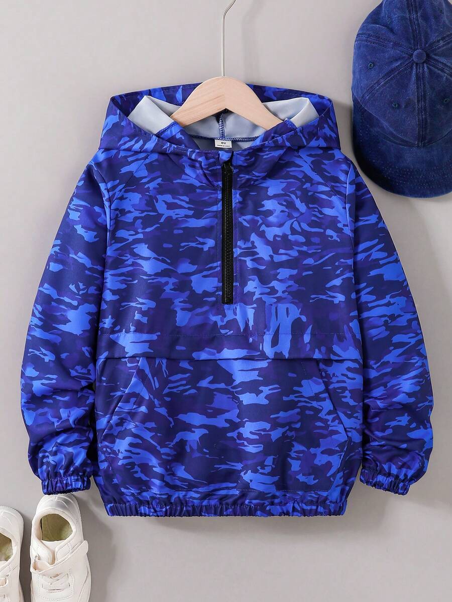 SHEIN 男孩藍色迷彩印花半拉鍊夾克,柔軟舒適面料,時尚百搭風格,春/秋新季,適合多季節與多場合 - 藍色 - 查看 1