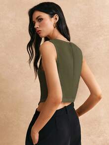 Poéselle Casual Chic Solid Color Minimalist Draped V-Neck Sleeveless Blazer With Decorative Button Details Teachers' Day Business Office Olive Green Summer - Green - View 6