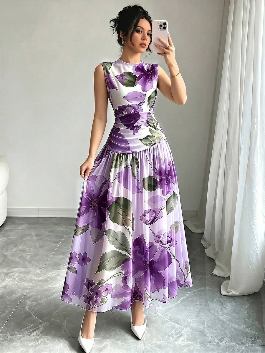 Modelyn 橘色大花卉植物圖案法式風長洋裝，女款低領無袖收腰長裙，抓皺腰部設計，淺杏色雪紡花卉洋裝，夏季度假風穿搭，優雅日常穿著 - 彩色 - 查看 1