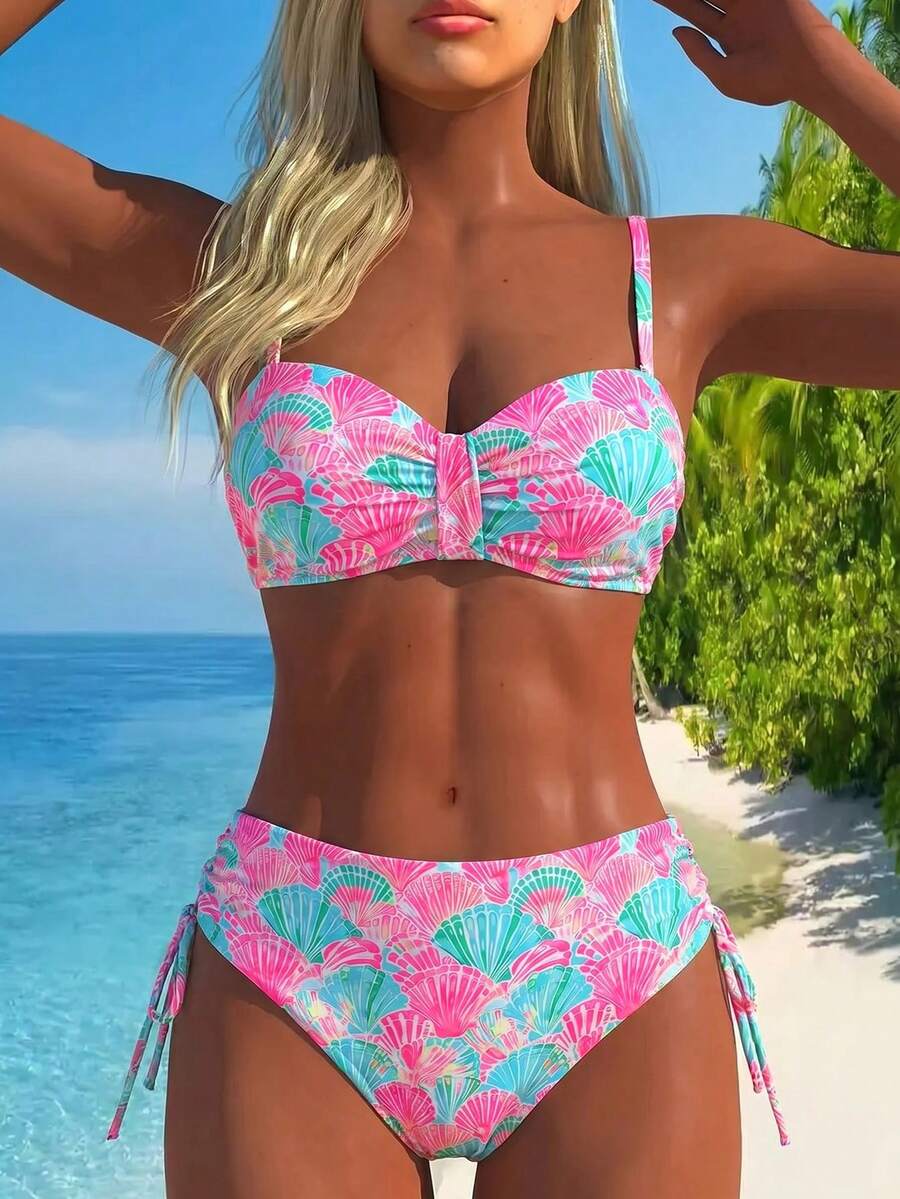 Swim Lushoire 女款夏季度假海灘性感彩色印花聚攏鋼圈式可拆式細肩帶抓皺平口比基尼上衣搭配高腰側抽繩比基尼泳褲套裝 - 彩色 - 查看 1