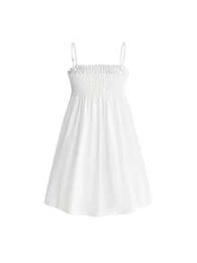 ROMWE Fairycore Women's Cute Pastoral Insect Applique Embroidered Cotton Linen Casual Holiday Spaghetti Strap Short Dress - White - View 2