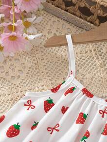 SHEIN Girls Autumn Strawberry Print Cami Dress, Spaghetti Strap Dress With Tiny Bows & Ruffled Hem For Daily Wear,  Park And Parent-Child Events - Multicolor - View 5