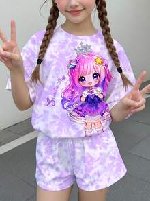 Young Girl Letter Cartoon Print Short Sleeve T-Shirt And Shorts Casual Daily Outfit - Multicolor - View 2
