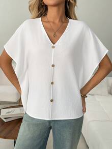 SHEIN LUNE Blusa de manga murciélago con botón delantero unicolor - Blanco - Ver 4