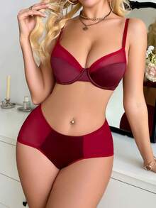 Napfluff Conjunto de lencería de malla con patchwork para mujer 2 piezas - Burdeos - Ver 4