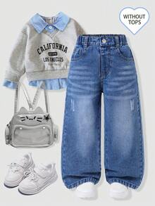 SHEIN 少女 Y2K 街頭日常彈性腰直筒牛仔褲，平口袋設計，秋季日常 OOTD - 深色水洗藍 - 查看 5