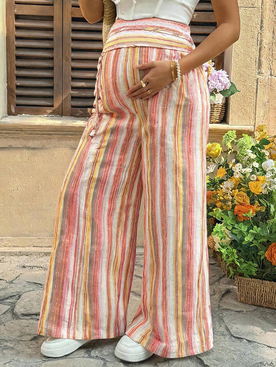 SHEIN Maternity Casual Business Loose Striped Pants Autumn Outfits Beach White - Orange - View 1