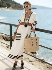 SHEIN Holidaya A字条纹休闲短袖女式连衣裙，春夏女式连衣裙，度假，外出，Y2K风格，春季，夏季，返校季，休闲，海滩，商务，百搭，杏色休闲长裙，条纹宽松女式连衣裙 - 杏色 - 查看 5