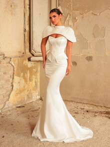 Aureia Elegant Classy Modest Glamorous White All White Satin Mermaid Wedding Formal Evening Dress Corset Sweetheart Cape Stand Collar 3D Floral Lace Fall - White - View 6