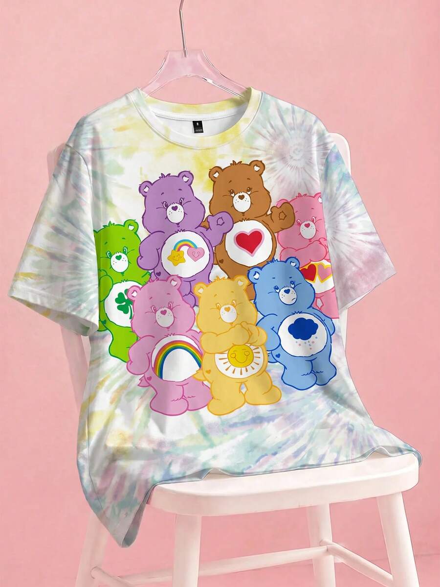 SHEIN X Care Bears 扎染休闲卡通欢呼熊睡前熊、好运熊、爱心熊、阳光熊、温柔熊字母印花圆领短袖T恤女款 - 白色 - 查看 1