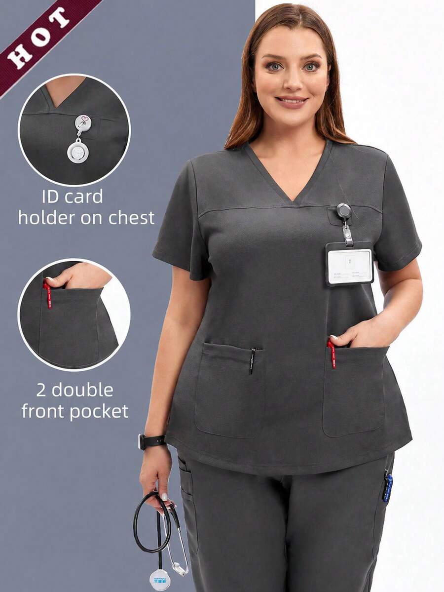TaskEZ Scrub Tops For Women - Sweetheart V-Neck Scrub Top ,Women Short Sleeve V-Neck Nurse Uniform - Grey - View 1