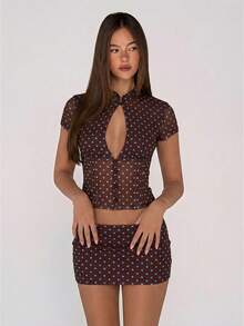 SHEIN ICON 女款 2 件套波點網格印花鏤空前開襟上衣與緊身迷你裙 - 棕色 - 查看 2