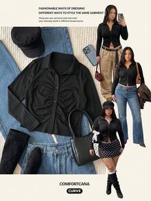 Comfortcana Casual Versatile Solid Color Long Sleeve Plus Size Women's T-Shirt Fall - Black - View 8