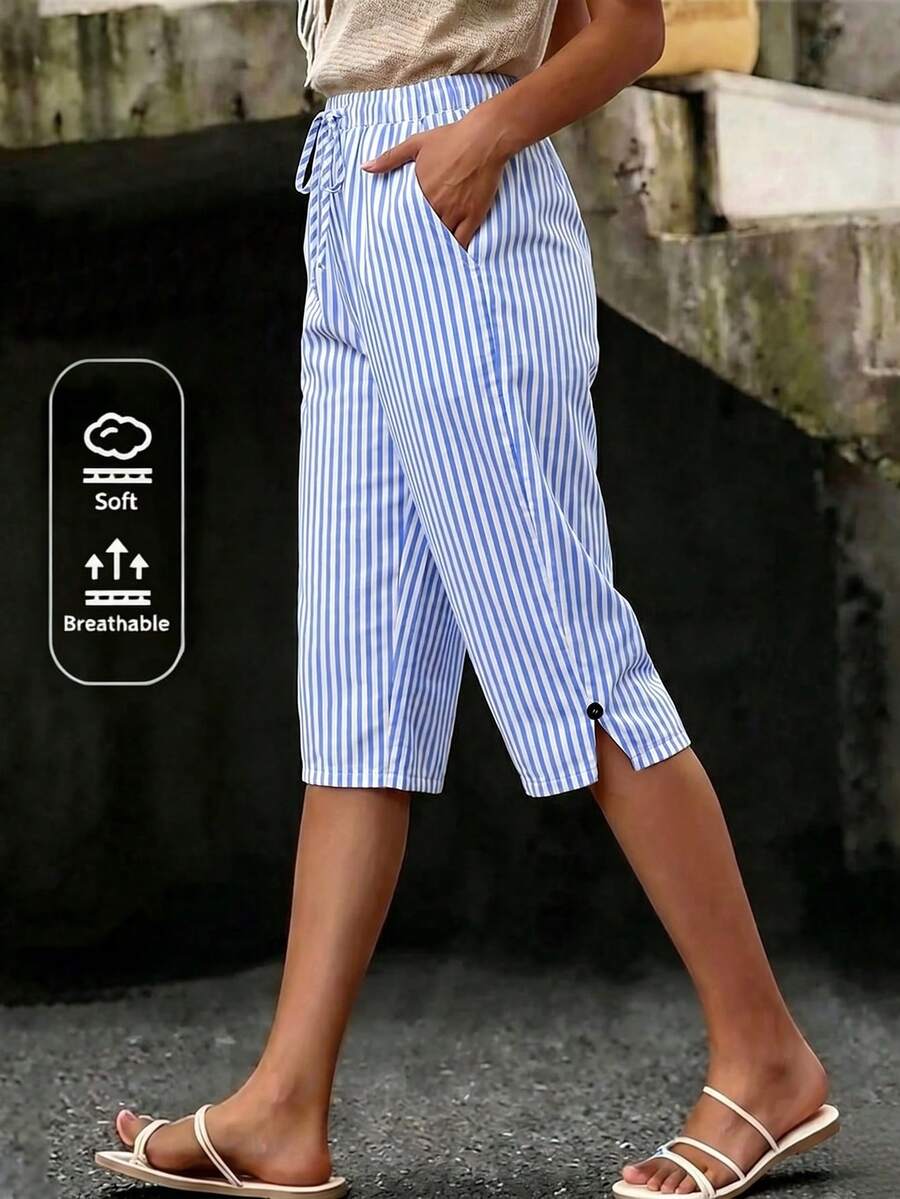 SHEIN LUNE CURVE Plus Size Women's Blue White Stripe Vacation Capris ...