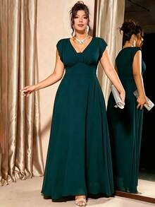 Elenzga Plus Size Women's Solid Color Pleated Evening Dress - Dark Green - View 1