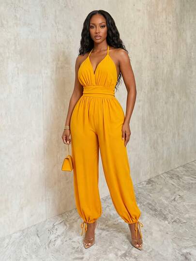 SHEIN Yellow Deep V Halter Jogger Jumpsuit,Open Back Tie Bow Waistband, High Waist Loose Drawstring Cuffed Legs,Vacation Solid Backless Casual Long Jumpsuit