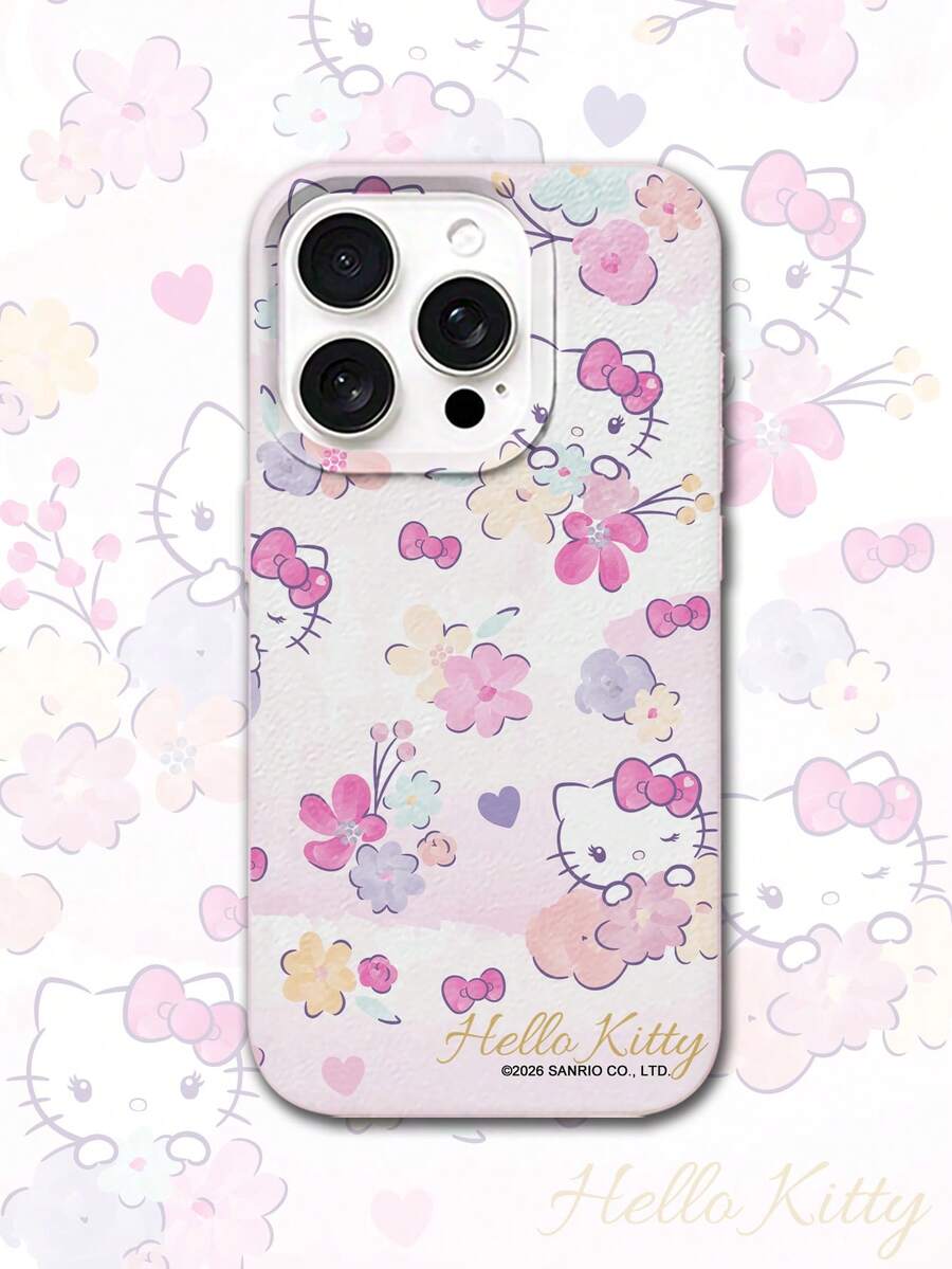 HELLO KITTY AND FRIENDS | SHEIN Hello Kitty 全角色與反派彩色貼紙拼貼印花 粉色邊框皮革紋理手機殼 防震防摔 全包覆保護殼 適用 iPhone 17 Pro Max 16 15 14 13 12 Pro Max Plus Y2K 復古美學 可愛少女風 Ins 高顏值手機殼 - 彩色 - 查看 1