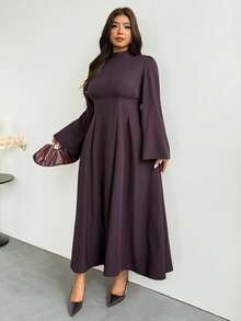 Firerie Vestido de talla grande elegante tradicional casual formal para ir al trabajo de unicolor con mangas acampanadas para el Día del Maestro, boda, cumpleaños, invitada de boda, color púrpura oscuro, otoño - Café integral - Ver 4