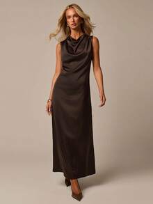 COSMINA Women's Casual Elegant Cowl Neck Satin Maxi Dress Formal Dark Brown  Dress Wedding Guest Dress  Graduation Dress Work Dress - Brown - View 4