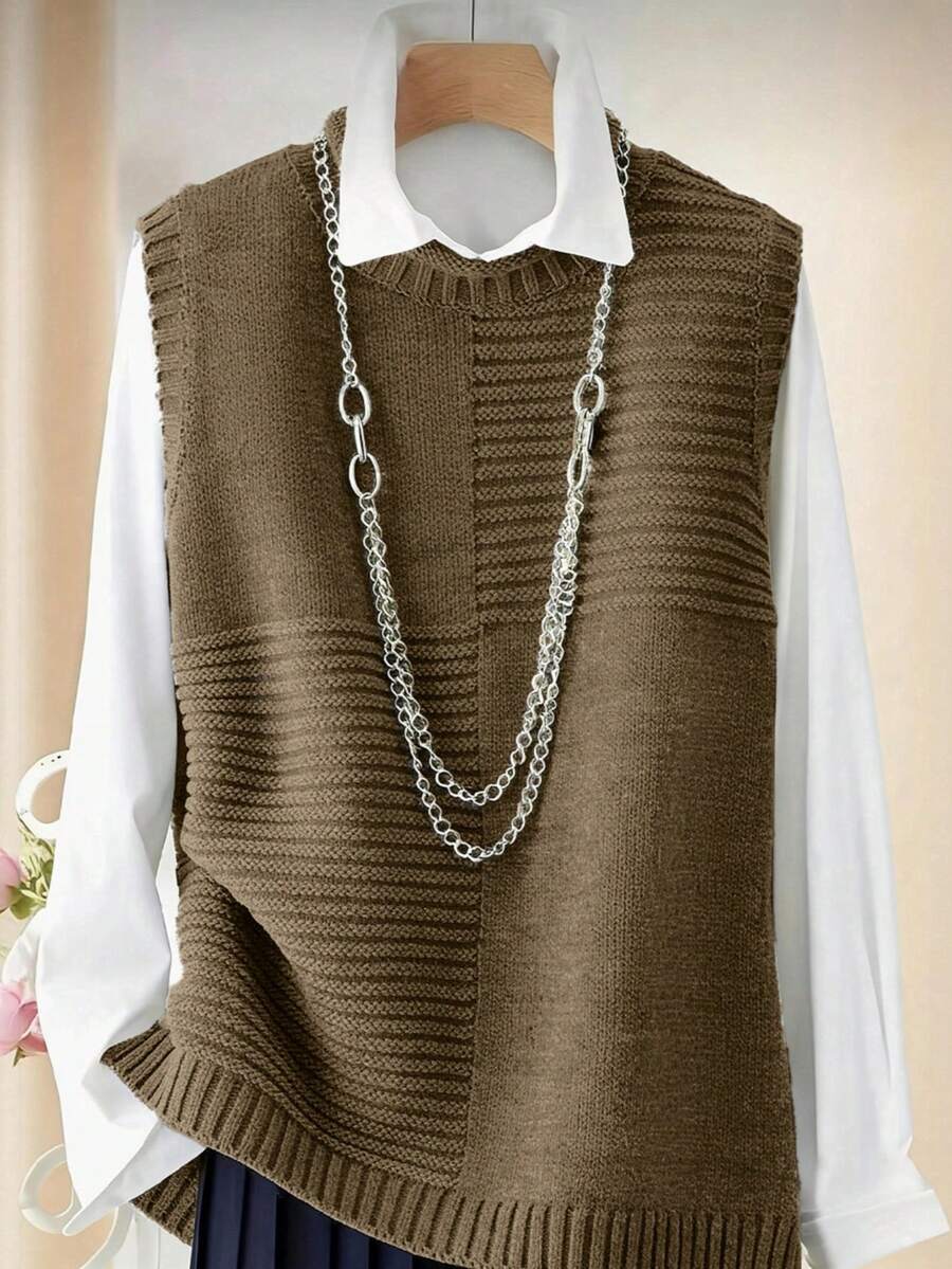 Franclia Loose Fit Commuter Layering Crew Neck Casual Knit Vest - Coffee Brown - View 1