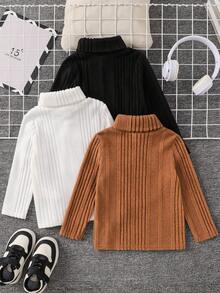 SHEIN 兒童 3件組小男孩針織高領素色 T-冬款上衣，小學、中學校服 - 彩色 - 查看 3